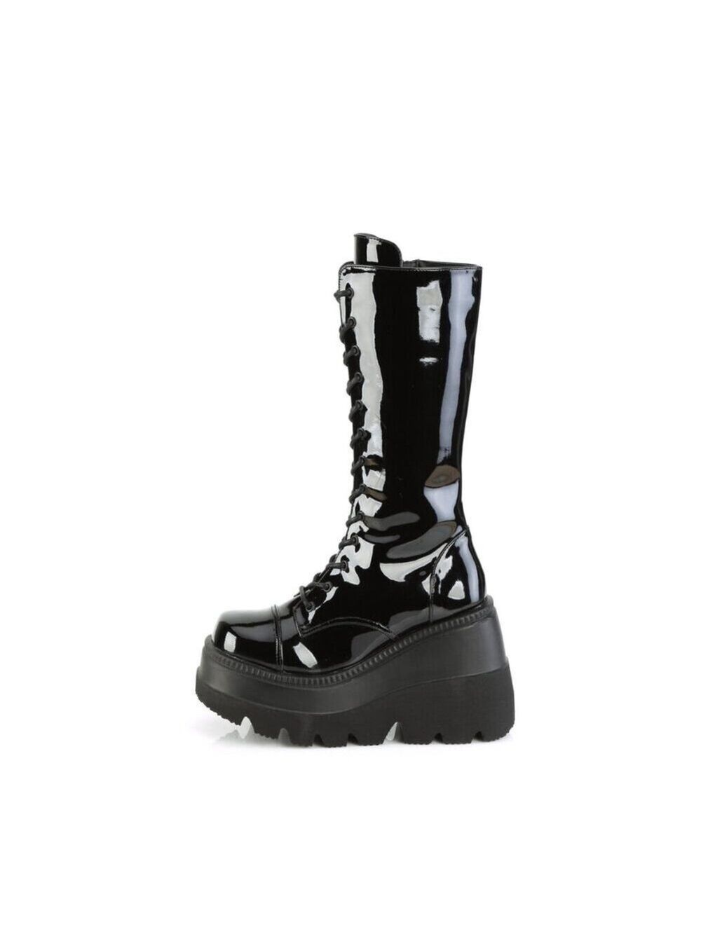 Size 10 NEW Shaker 72 Black Patent 4.5" Wedge Platform Mid Calf Goth Pu… - Picture 2 of 5